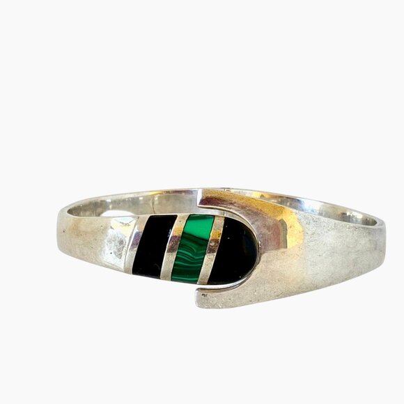 Sterling Silver 925 Bracelet Malachite + Onyx Hinged Bracelet Taxco Mexico 52 gr - Picture 10 of 16